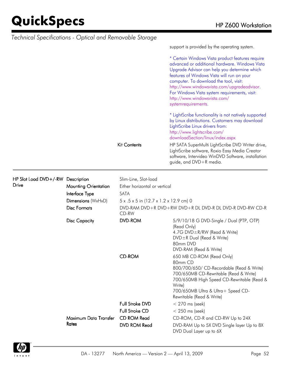 Quickspecs, Hp z600 workstation | Hood WORKSTATION HP Z600 User Manual | Page 52 / 61