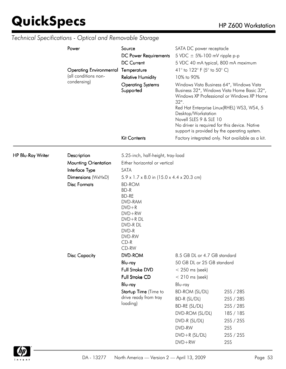 Quickspecs, Hp z600 workstation | Hood WORKSTATION HP Z600 User Manual | Page 53 / 61