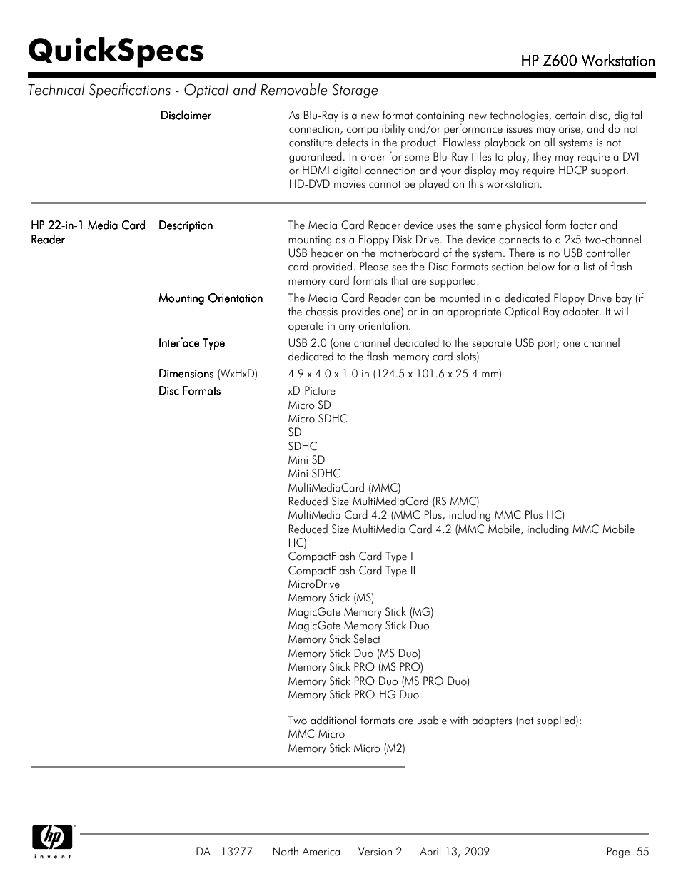 Quickspecs | Hood WORKSTATION HP Z600 User Manual | Page 55 / 61