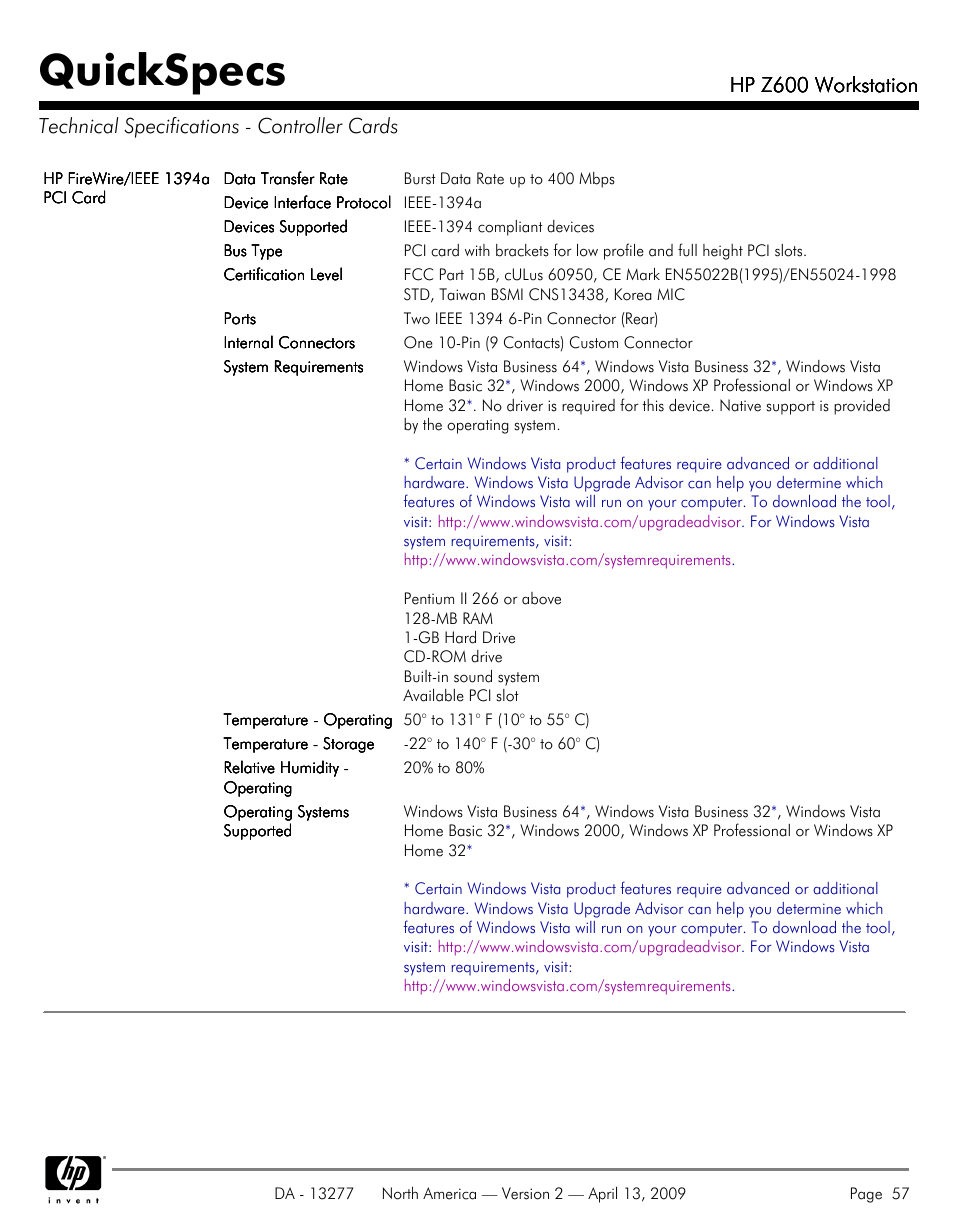 Technical specifications - controller cards, Quickspecs, Hp z600 workstation | Hood WORKSTATION HP Z600 User Manual | Page 57 / 61