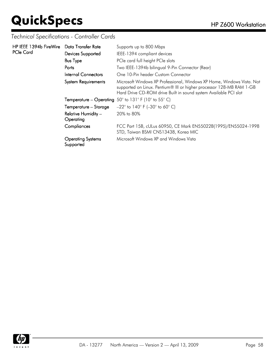 Quickspecs | Hood WORKSTATION HP Z600 User Manual | Page 58 / 61