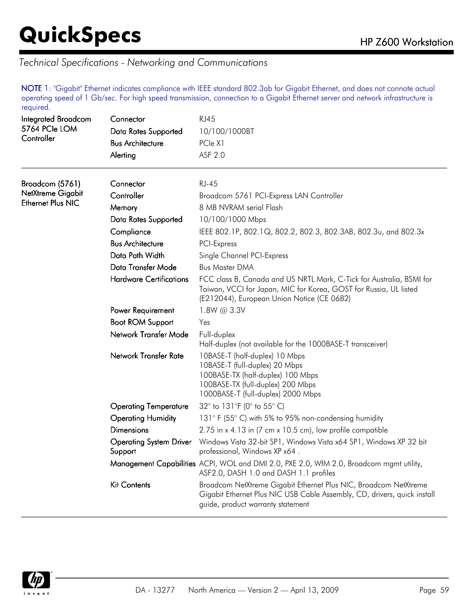 Quickspecs, Hp z600 workstation | Hood WORKSTATION HP Z600 User Manual | Page 59 / 61