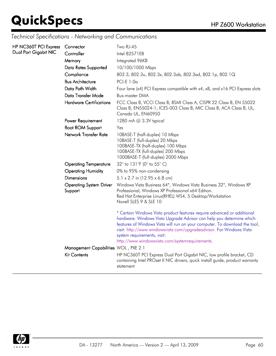 Quickspecs, Hp z600 workstation | Hood WORKSTATION HP Z600 User Manual | Page 60 / 61