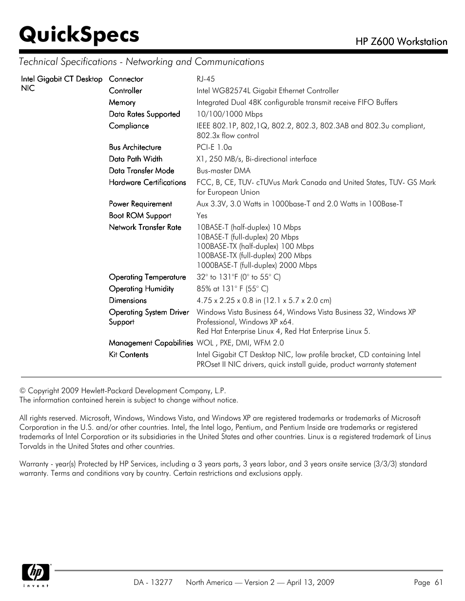 Quickspecs, Hp z600 workstation | Hood WORKSTATION HP Z600 User Manual | Page 61 / 61