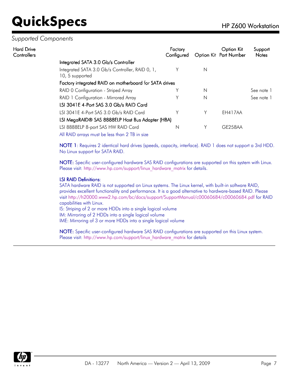 Quickspecs, Hp z600 workstation, Hp z600 workstation supported components | Hood WORKSTATION HP Z600 User Manual | Page 7 / 61
