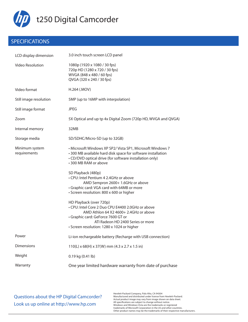 T250_datasheet_2, T250 digital camcorder, Specifications | Hood T250 User Manual | Page 2 / 2