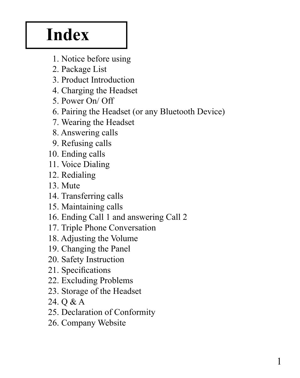 Index | Huey Chiao HCB08 User Manual | Page 3 / 24