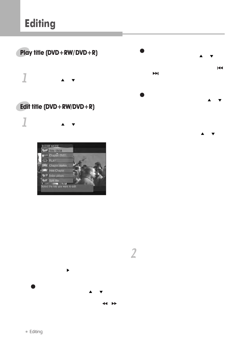 Editing, Play title (dvd+rw/dvd+r), Edit title (dvd+rw/dvd+r) | H & B DRX-430 User Manual | Page 32 / 46