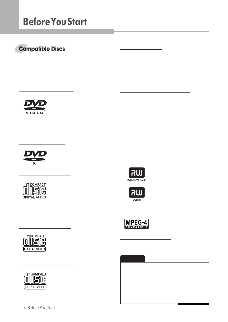 Before you start, Compatible discs | H & B DRX-430 User Manual | Page 6 / 46