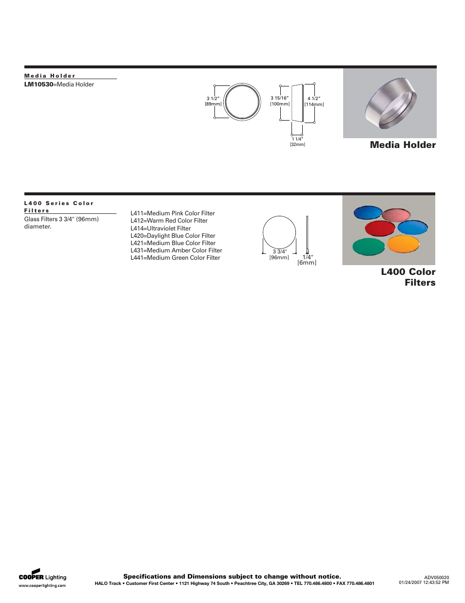 L400 color filters, Media holder, Cube louver | Halo Lighting System LF10530 User Manual | Page 2 / 2