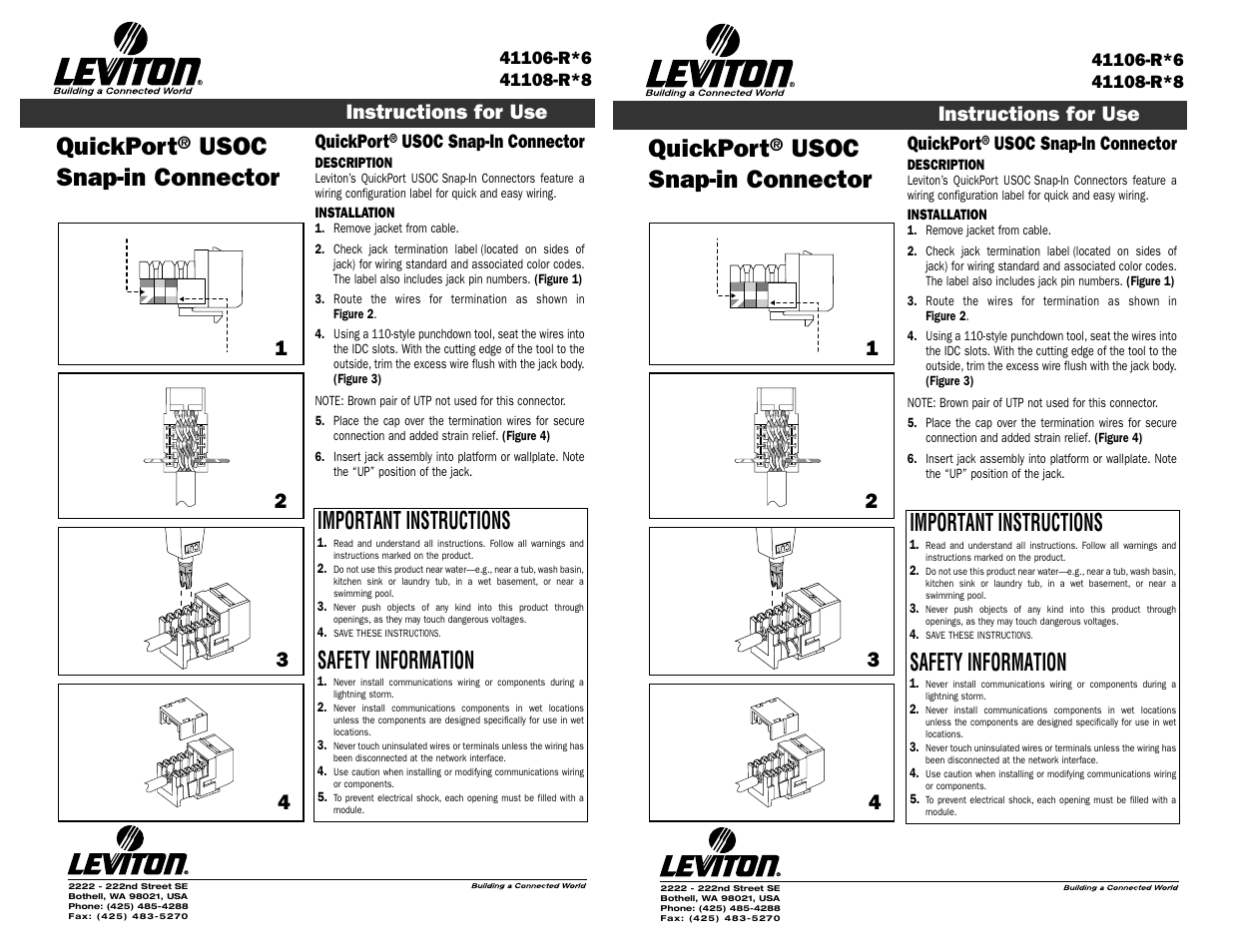 HomeTech QuickPort USOC Snap-In Connector 41108-R*8 User Manual | 1 page