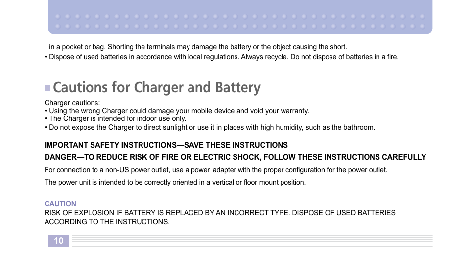 Cautions for charger and battery | Helio Kick Flip User Manual | Page 10 / 154