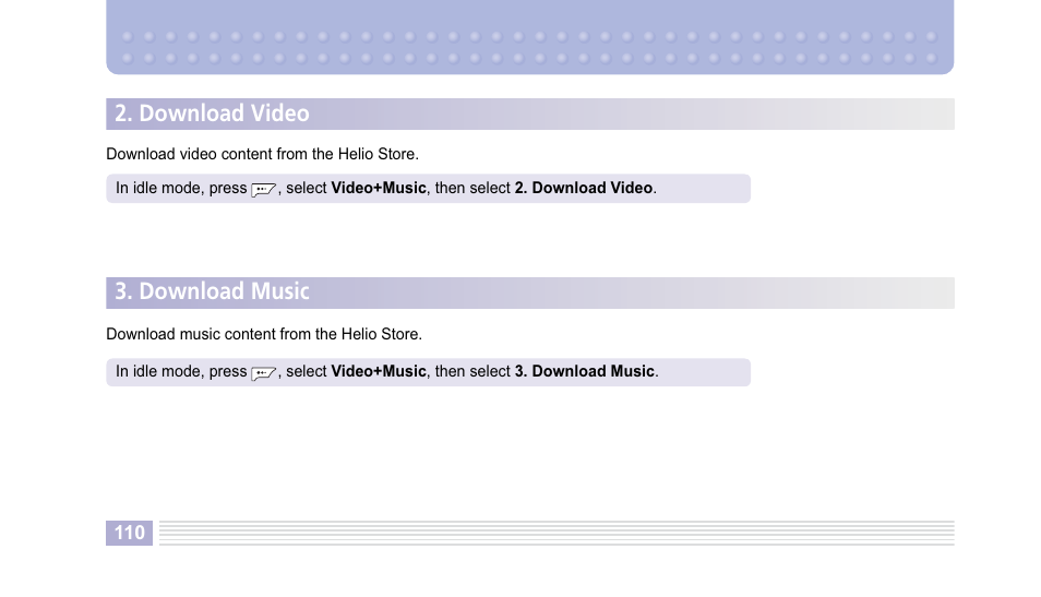 Download video, Download music | Helio Kick Flip User Manual | Page 110 / 154