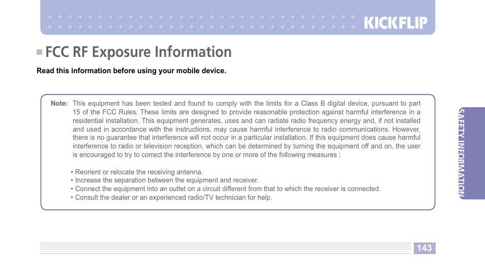 Fcc rf exposure information | Helio Kick Flip User Manual | Page 143 / 154