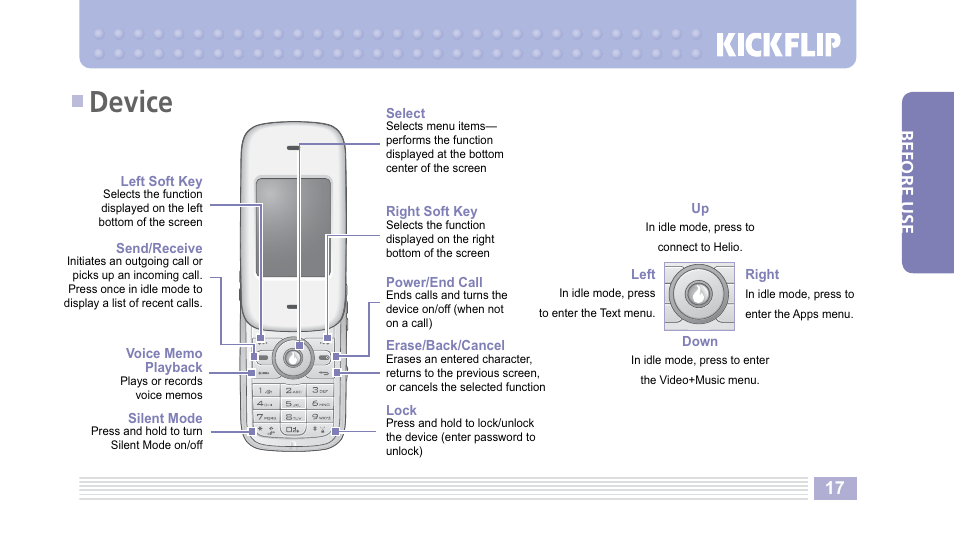 Device, Before use | Helio Kick Flip User Manual | Page 17 / 154