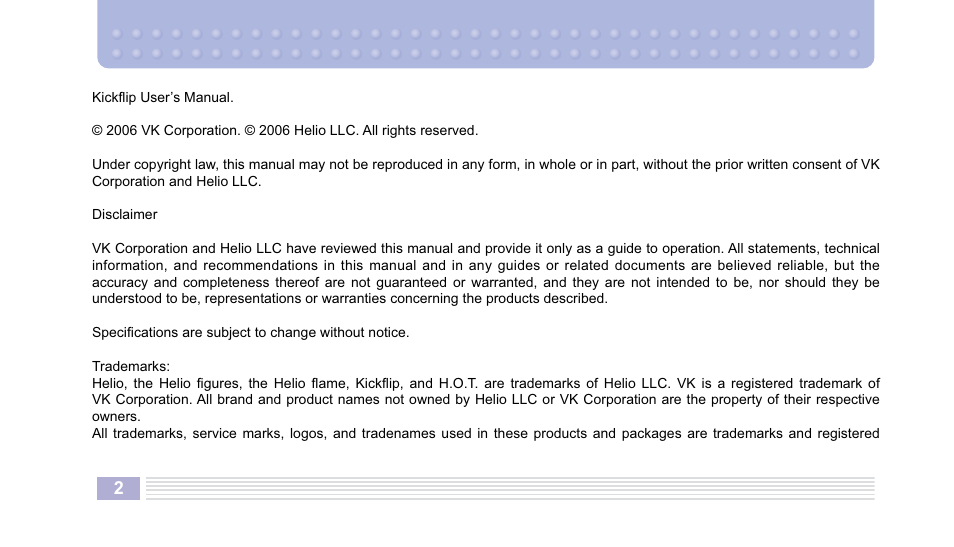 Helio Kick Flip User Manual | Page 2 / 154