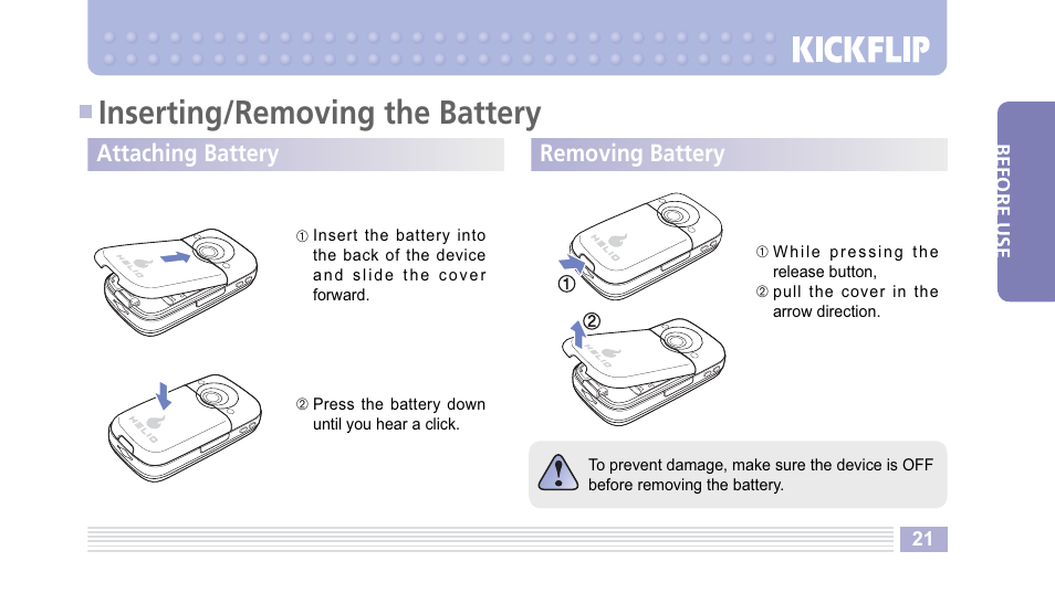 Inserting/removing the battery, Attaching battery removing battery | Helio Kick Flip User Manual | Page 21 / 154