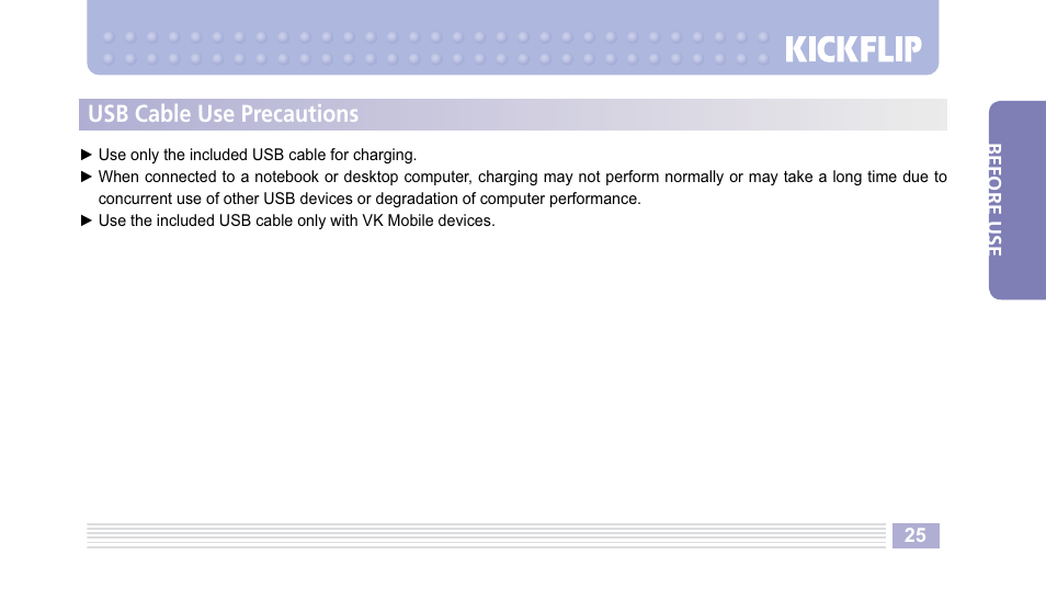 Usb cable use precautions | Helio Kick Flip User Manual | Page 25 / 154