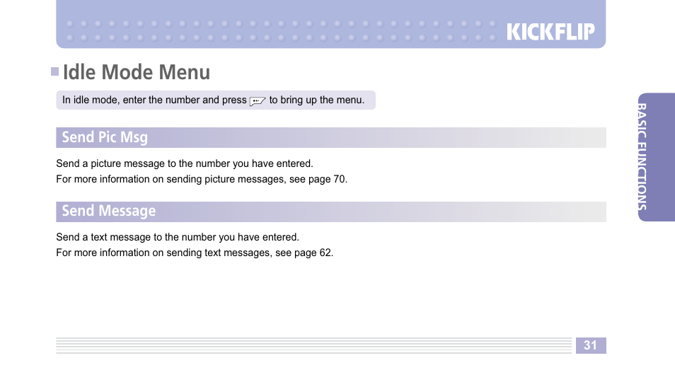 Idle mode menu | Helio Kick Flip User Manual | Page 31 / 154
