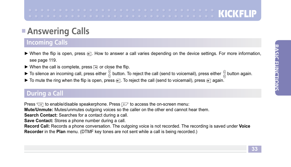 Answering calls, Incoming calls, During a call | Helio Kick Flip User Manual | Page 33 / 154