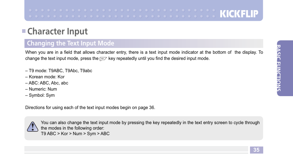 Character input | Helio Kick Flip User Manual | Page 35 / 154