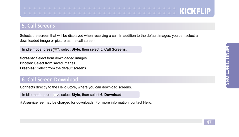 Call screens, Call screen download | Helio Kick Flip User Manual | Page 47 / 154