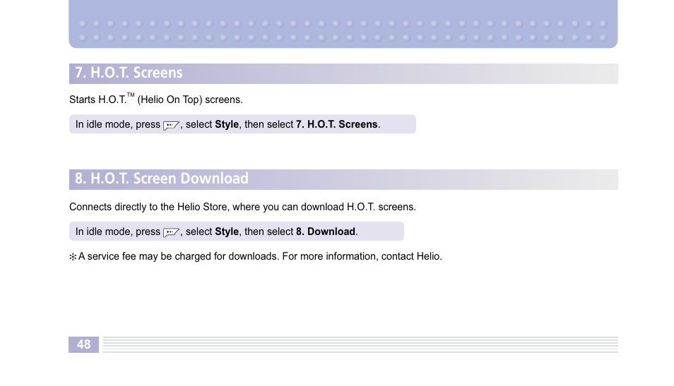 H.o.t. screens, H.o.t. screen download | Helio Kick Flip User Manual | Page 48 / 154