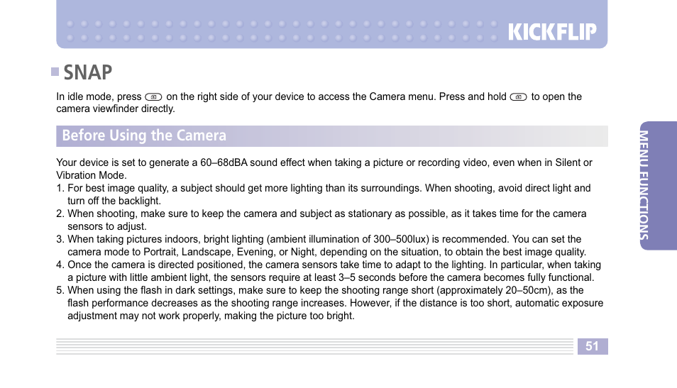 Snap, Before using the camera | Helio Kick Flip User Manual | Page 51 / 154