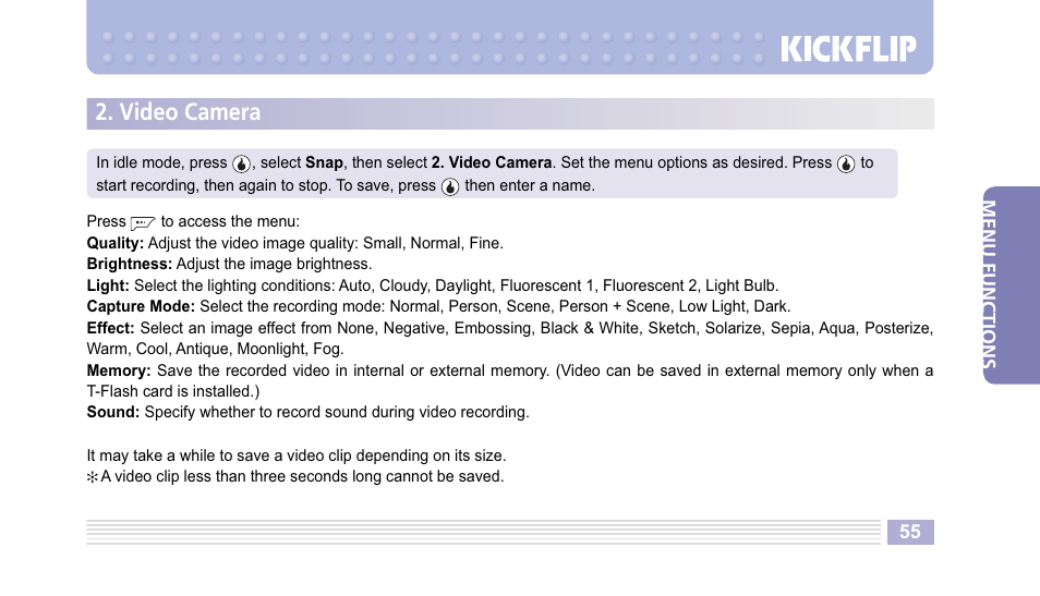 Video camera | Helio Kick Flip User Manual | Page 55 / 154