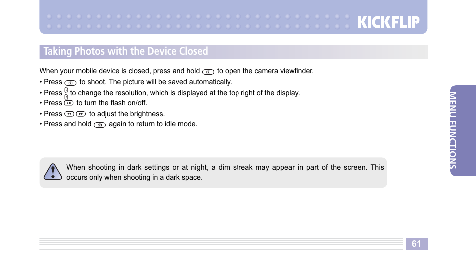 Taking photos with the device closed | Helio Kick Flip User Manual | Page 61 / 154