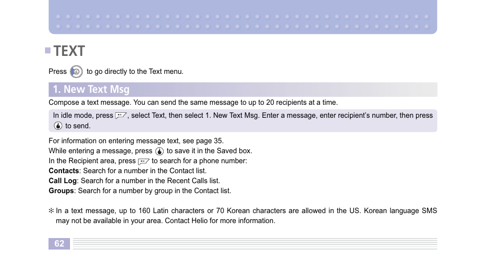 Text, New text msg | Helio Kick Flip User Manual | Page 62 / 154