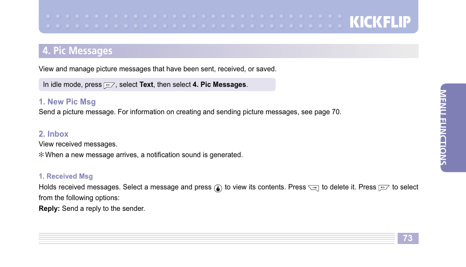 Pic messages | Helio Kick Flip User Manual | Page 73 / 154