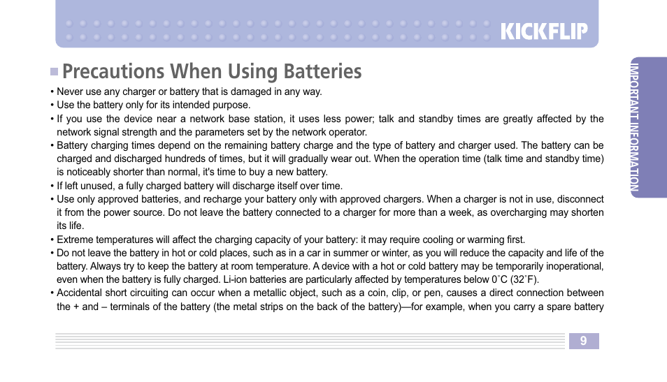Precautions when using batteries | Helio Kick Flip User Manual | Page 9 / 154