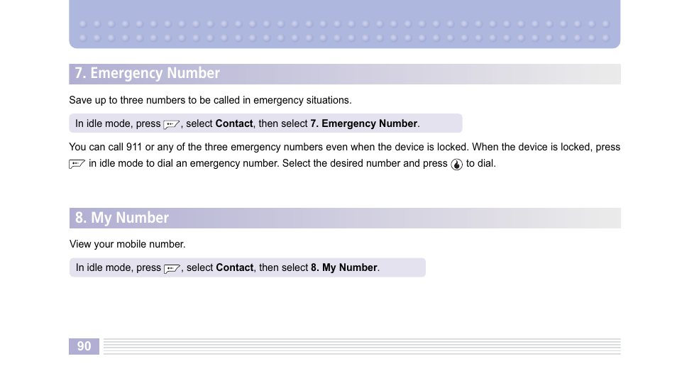 Emergency number, My number | Helio Kick Flip User Manual | Page 90 / 154