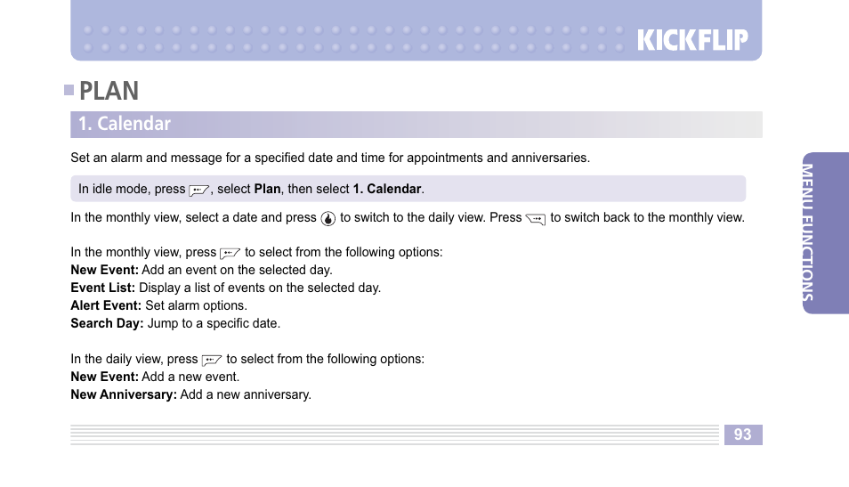 Plan, Calendar | Helio Kick Flip User Manual | Page 93 / 154