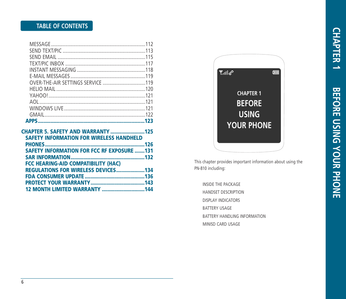 Chapter 1 before using your phone, Before using your phone | Helio PN-810 User Manual | Page 4 / 74