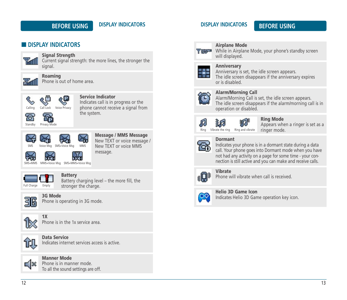 Before using, Display indicators | Helio PN-810 User Manual | Page 7 / 74