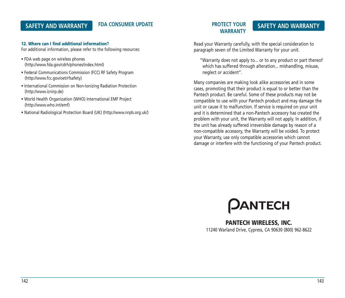 Safety and warranty, Pantech wireless, inc | Helio PN-810 User Manual | Page 72 / 74