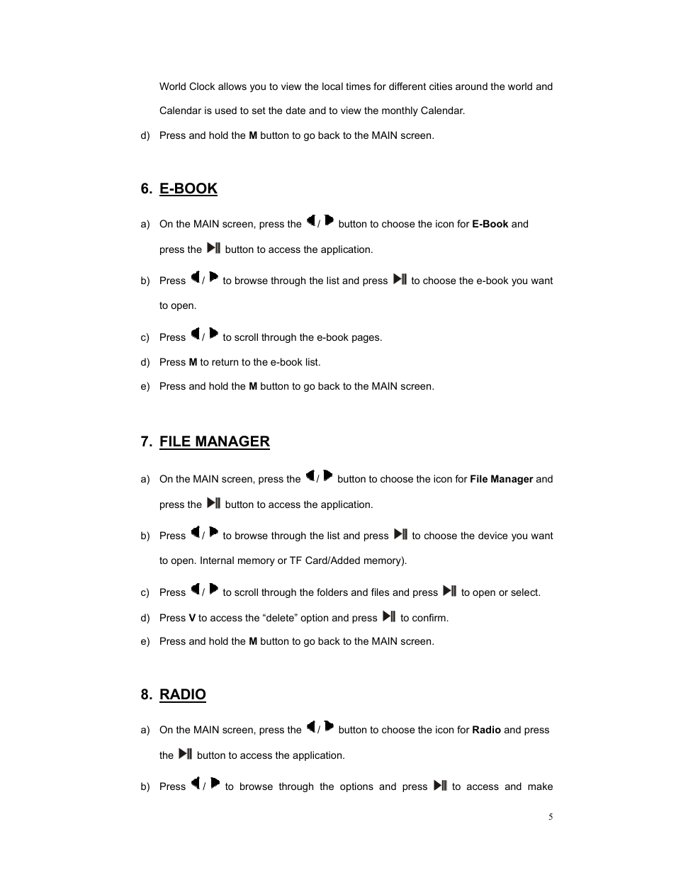 E-book, File manager, Radio | Hip Street HS-57 User Manual | Page 5 / 7