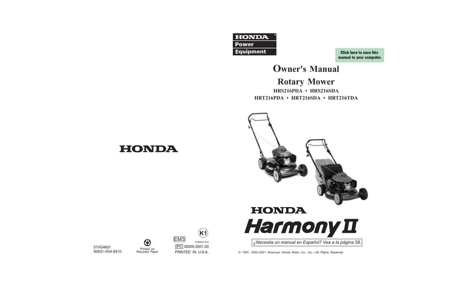 HONDA HRT216PDA User Manual | 68 pages