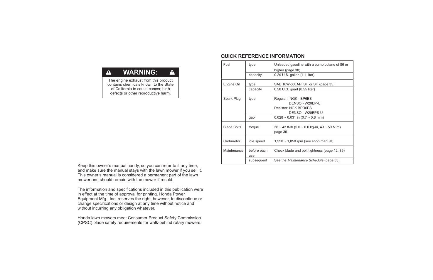 Quick reference information, Warning | HONDA HRT216PDA User Manual | Page 67 / 68