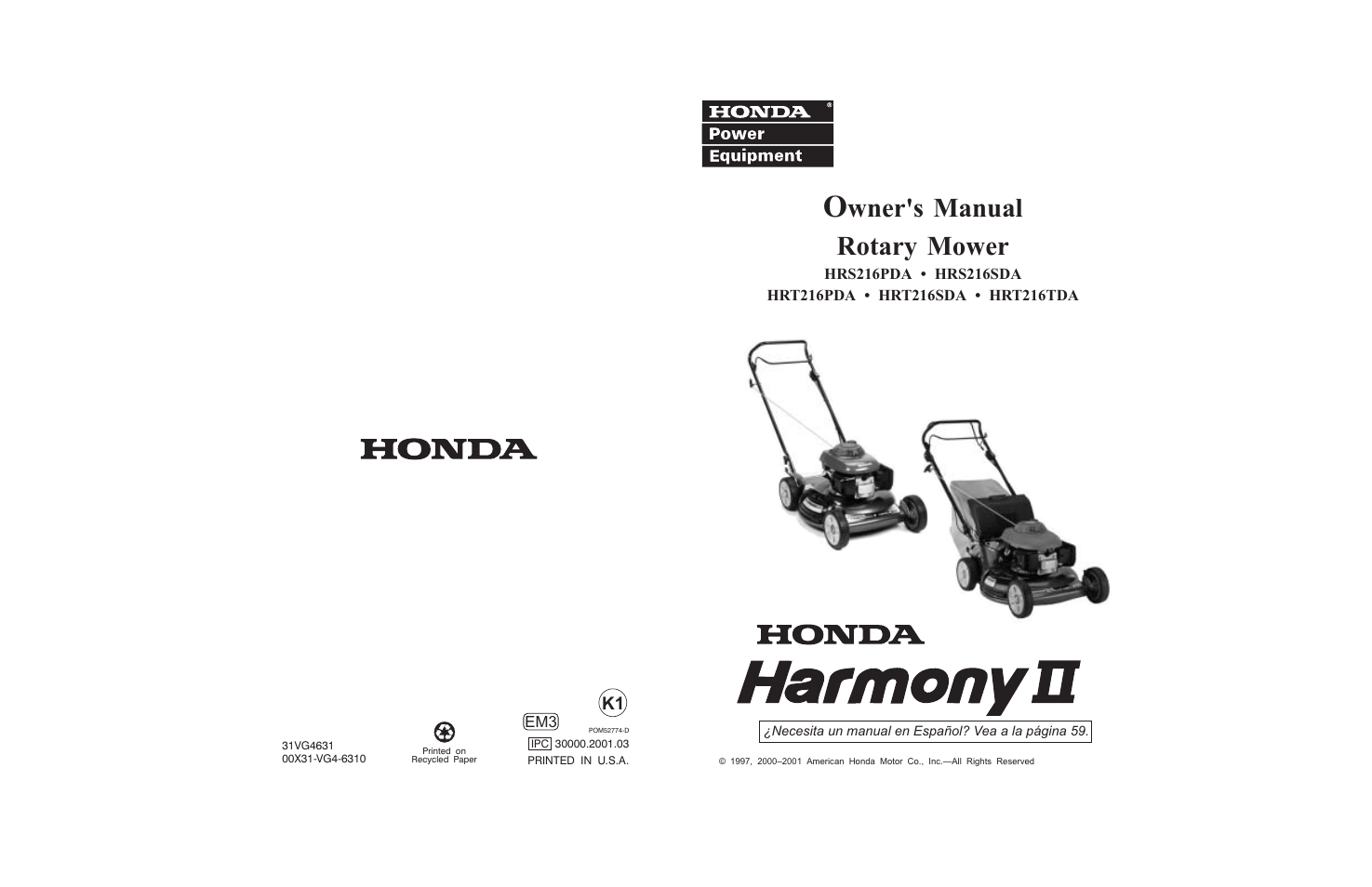 Wner's manual rotary mower | HONDA HRT216PDA User Manual | Page 68 / 68