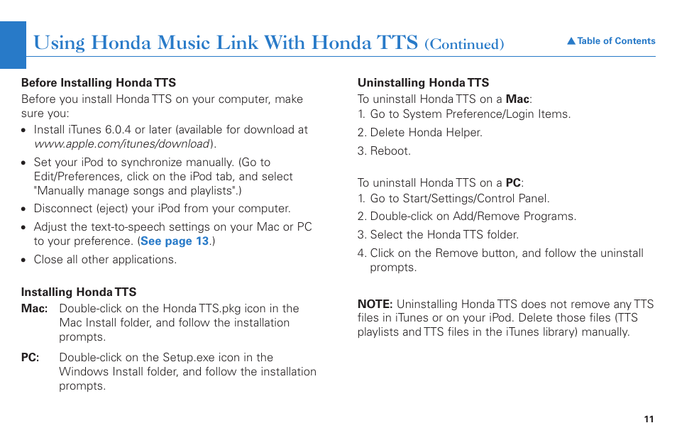 Using honda music link with honda tts | HONDA Accord Coupe User Manual | Page 11 / 23