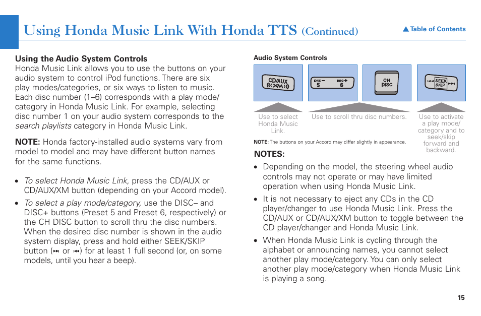 Using honda music link with honda tts, Continued) | HONDA Accord Coupe User Manual | Page 15 / 23