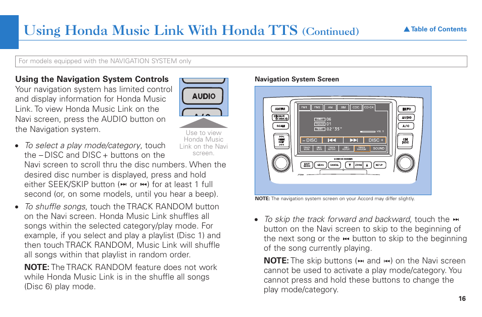 Using honda music link with honda tts, Continued) | HONDA Accord Coupe User Manual | Page 16 / 23