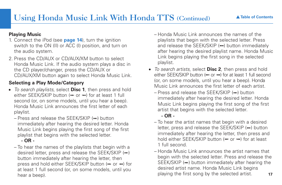 Using honda music link with honda tts | HONDA Accord Coupe User Manual | Page 17 / 23