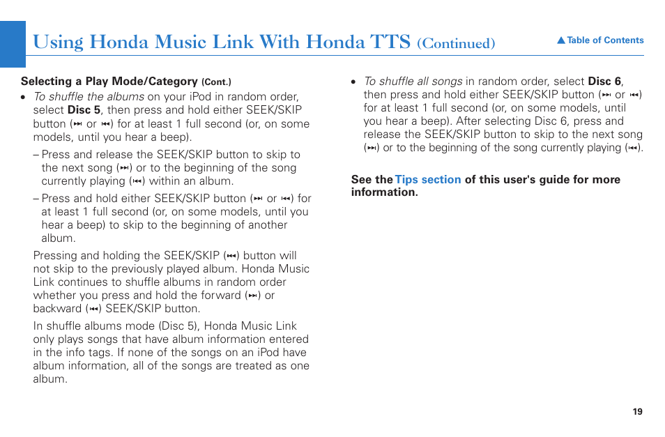 Using honda music link with honda tts | HONDA Accord Coupe User Manual | Page 19 / 23