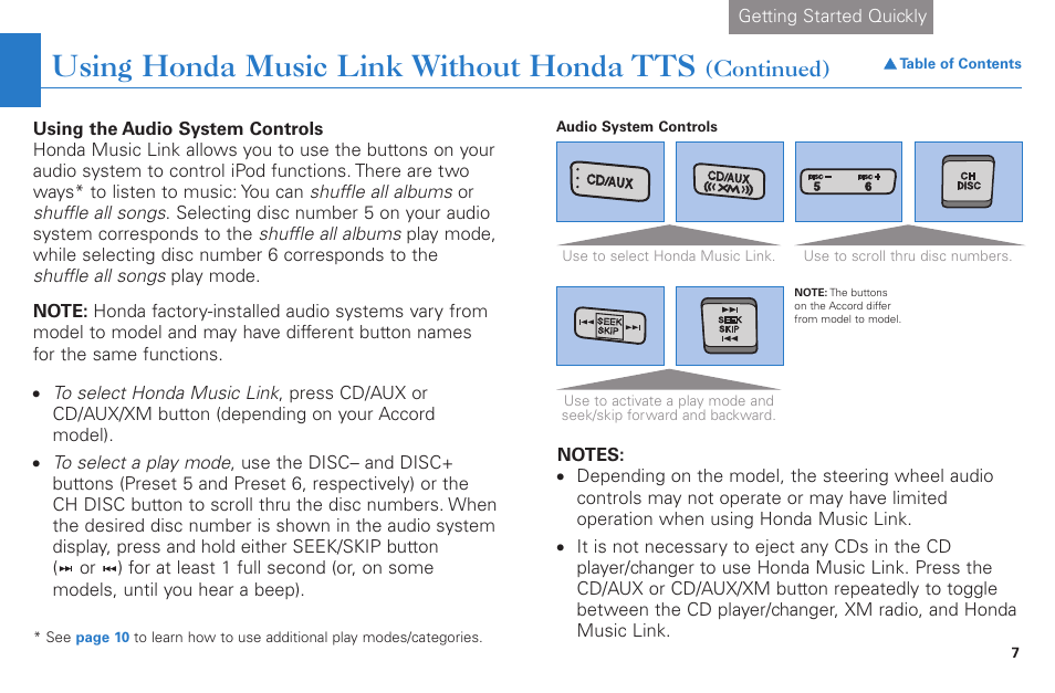 Using honda music link without honda tts, Continued) | HONDA Accord Coupe User Manual | Page 7 / 23