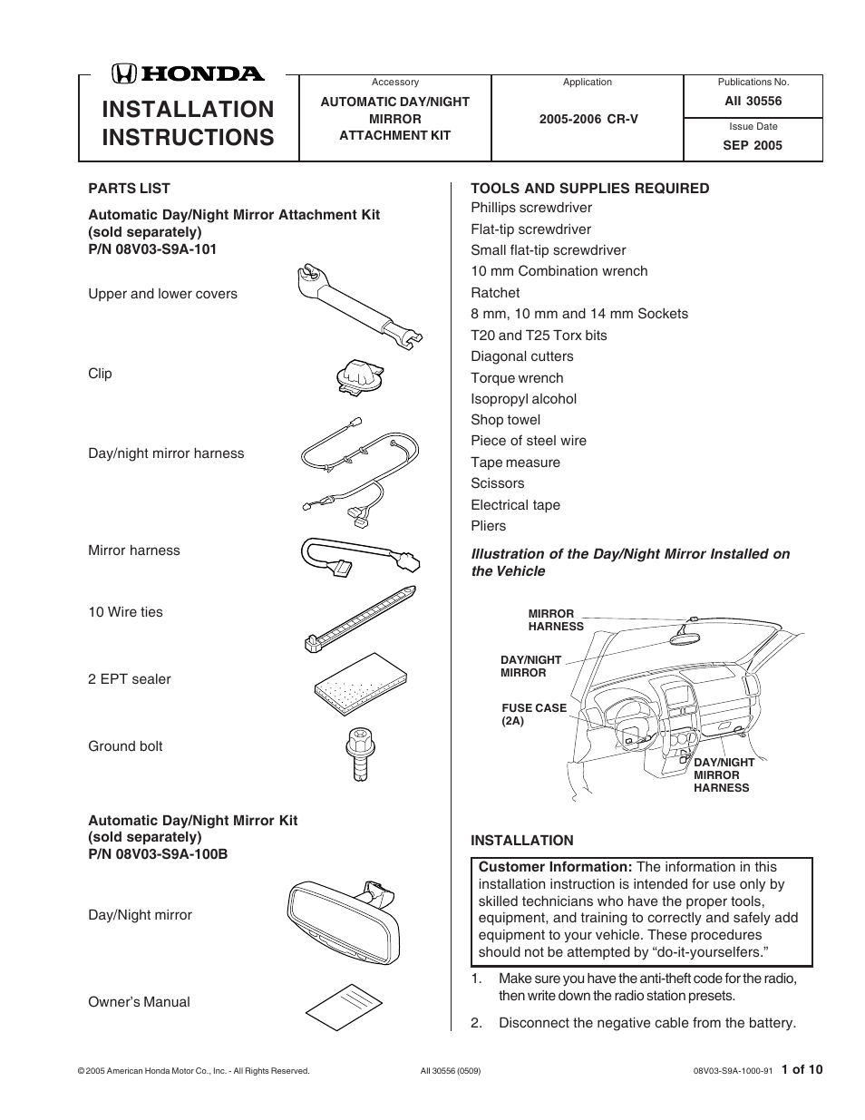 HONDA AUTOMATIC DAY/NIGHT MIRROR (ATTACHMENT KIT) User Manual | 10 pages