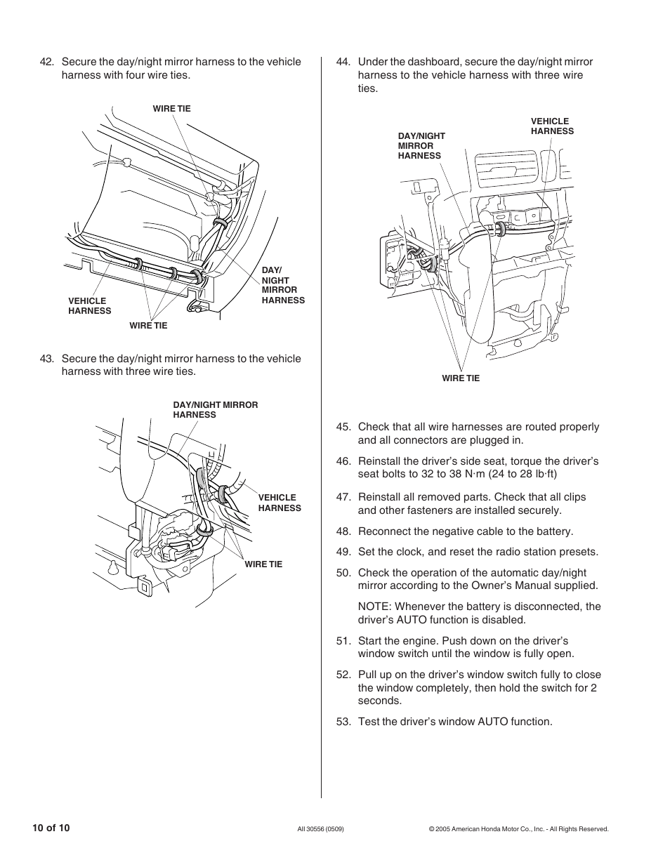 HONDA AUTOMATIC DAY/NIGHT MIRROR (ATTACHMENT KIT) User Manual | Page 10 / 10